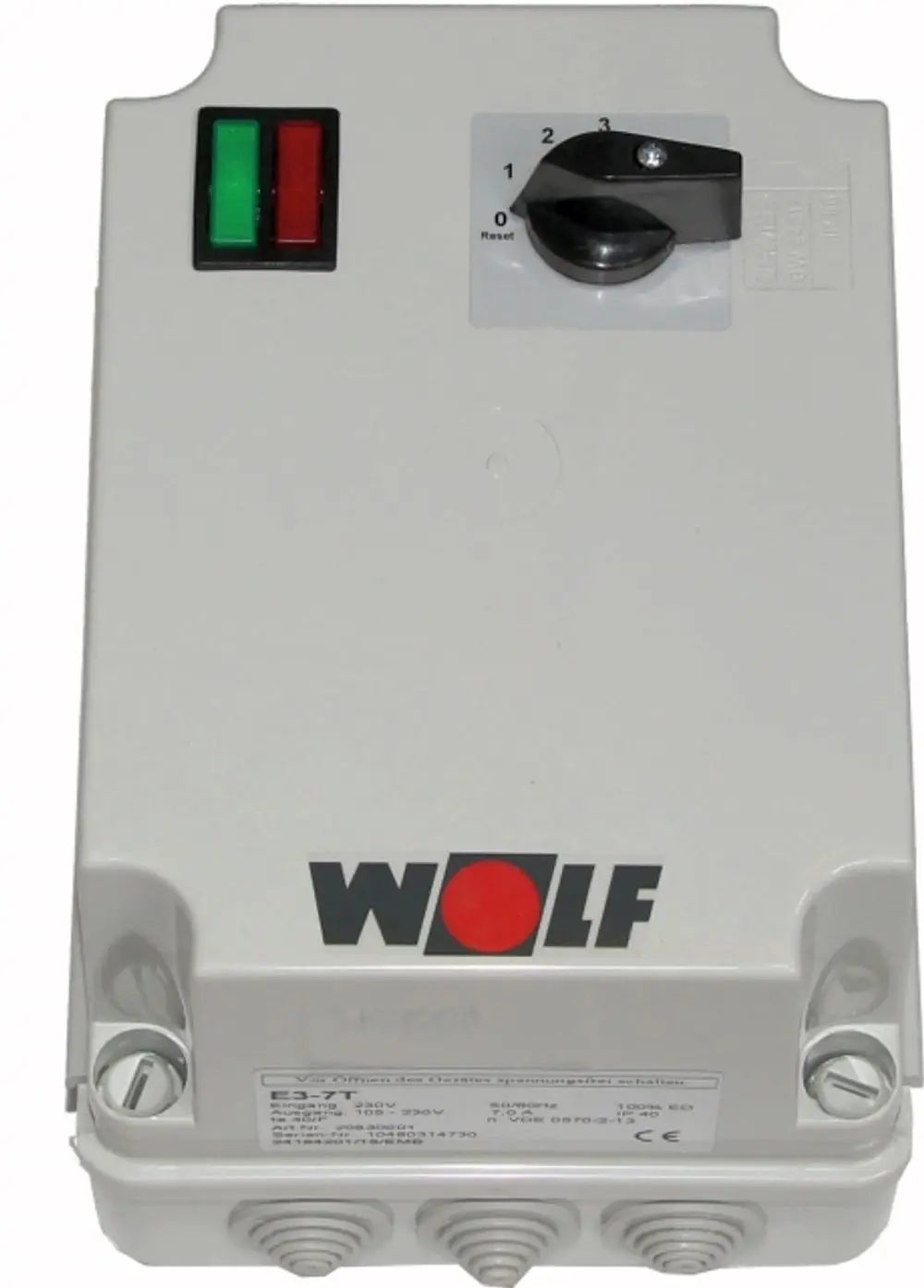 Schaltergehäuse von Wolf mit zwei Lichtanzeigen (rot und grün) und einem Drehschalter mit den Positionen 0 bis 3. Drei Anschlusskabel an der Unterseite sind sichtbar.